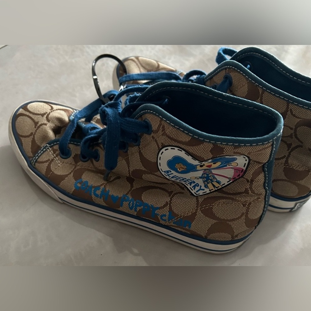 Coach Poppy Chain Hi Top sneakers with a custom "Blueberry" character patch.